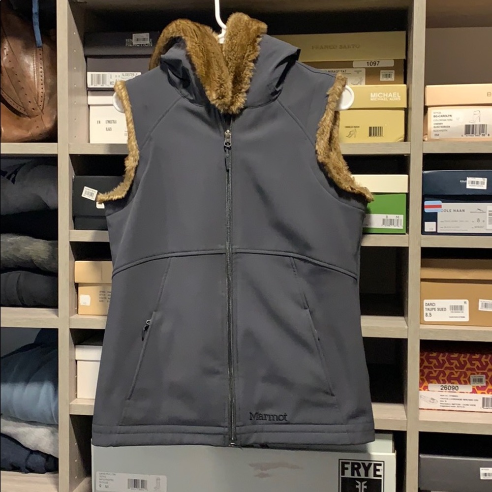 Marmot vest with faux fur hood